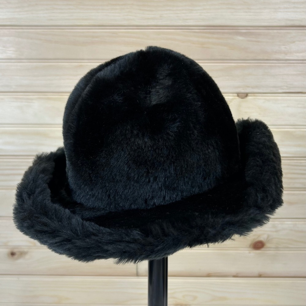 Vintage Style Black Faux‎ Fur Bucket Hat Women Winter Plush Cloche SKU 7205